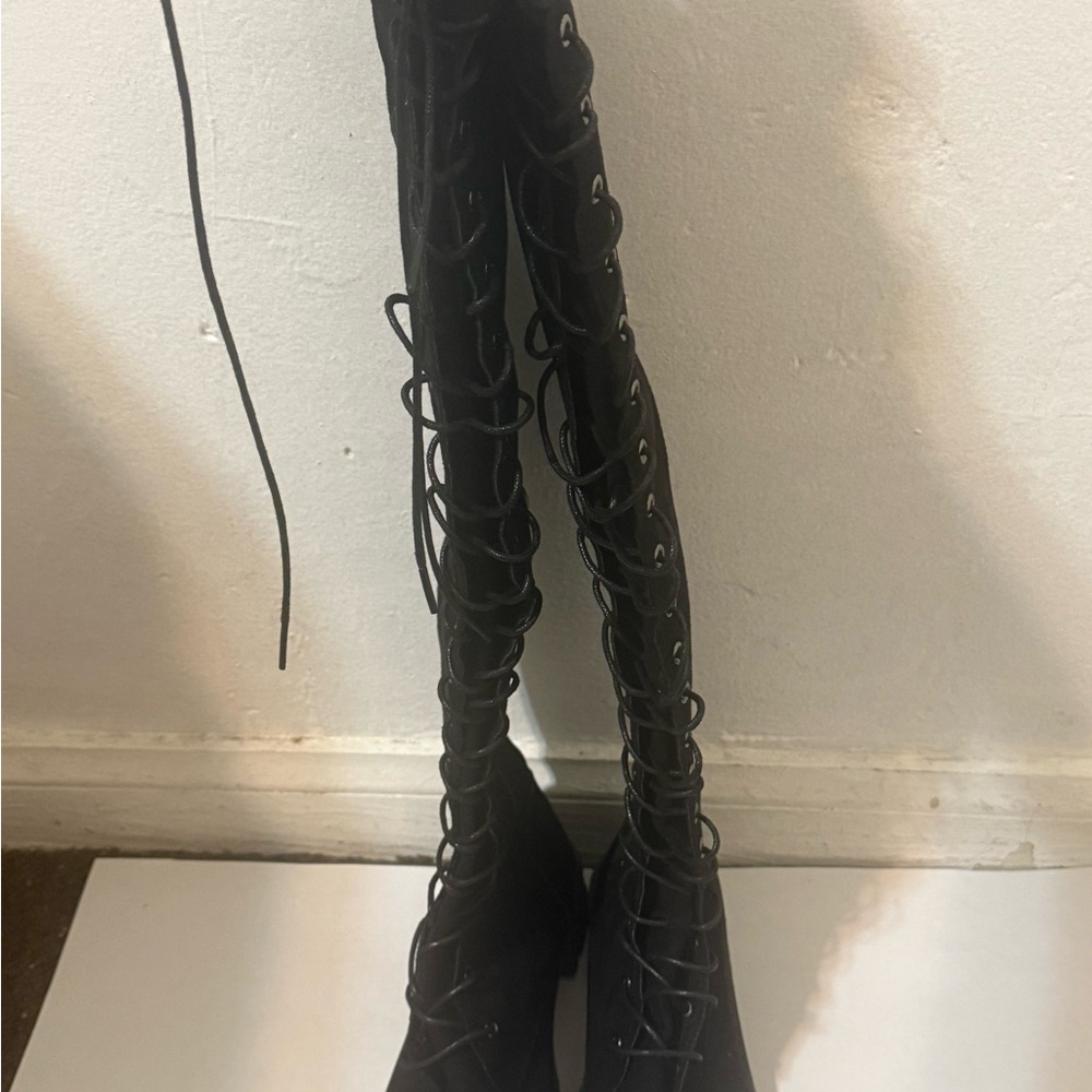 Women's Black Lace-Up Knee-High Boots - Picture 2 of 5